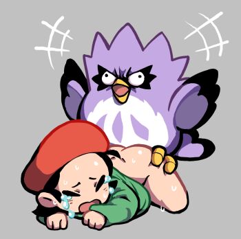 1girl adeleine animal artist_collaboration ass beret bestiality bird black_hair bottomless closed_eyes coo_(kirby) cropped_legs crying grey_background gummuru hat heiyuu! kirby's_dream_land_2 kirby_(series) kirby_64 loli lying nintendo on_stomach open_mouth owl rape red_headwear simple_background tears