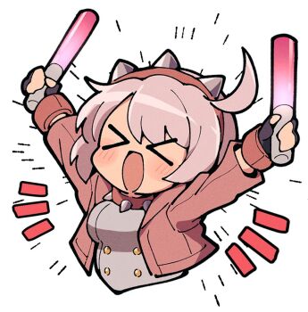 >_< 1girl :d ahoge blush breasts chibi chibi_only commentary cropped_torso elphelt_valentine facing_viewer glowstick grey_shirt guilty_gear guilty_gear_strive hairband holding holding_glowstick itsuka_neru jacket large_breasts long_sleeves notice_lines open_clothes open_jacket open_mouth parted_bangs pink_hair pink_hairband pink_jacket shirt short_hair simple_background smile solo spiked_hairband spikes symbol-only_commentary white_background