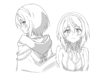 Rule 34 | 1girl, amnesia (majo no tabitabi), blush, breasts, cloak, closed mouth, collared shirt, cropped torso, greyscale, hair between eyes, hairband, highres, hood, hood down, looking at viewer, looking back, majo no tabitabi, monochrome, multiple views, open collar, shiroirosky, shirt, short hair, simple background, upper body, white background