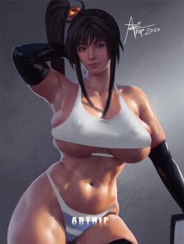 1girl arm_behind_head artnip bible_black black_gloves black_hair black_thighhighs blue_eyes blue_panties breasts clothing_cutout elbow_gloves female_focus gloves highleg highleg_panties huge_breasts imari_kurumi lips long_hair looking_at_viewer navel nose panties realistic side_ponytail sidelighting sidelocks skindentation solo sports_bra striped_clothes striped_panties thick_thighs thighhighs thighs underboob underboob_cutout underwear underwear_only white_panties white_sports_bra