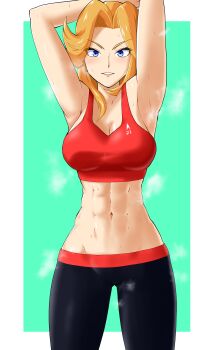 1girl abs absurdres armpits arms_up blonde_hair blue_eyes drawfag f-zero green_background highres long_hair mrs._arrow muscular muscular_female navel nintendo pants parted_lips solo steam sweat tank_top yoga_pants