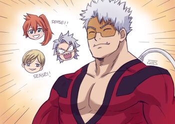 1girl 3boys ^^^ bara blush bodysuit boku_no_hero_academia chips_n_cookies commentary english_commentary facial_scar fangs grey_hair itsuka_kendou large_pectorals male_focus mature_male monoma_neito multiple_boys muscular muscular_male pectoral_cleavage pectorals red_bodysuit scar scar_on_cheek scar_on_face short_hair solo_focus tetsutetsu_tetsutetsu upper_body vlad_king_(boku_no_hero_academia)