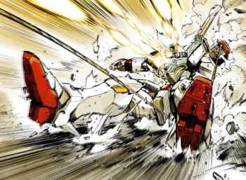 ammunition crossbone_gundam crossbone_gundam_x-3 crossbone_vanguard explosion firing firing_at_viewer gun gundam highres holding holding_weapon kato_takuji mecha mobile_suit no_humans robot science_fiction skull_and_crossbones smoke solo v-fin weapon