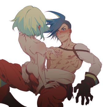 2boys abs absurdres androgynous ass asymmetrical_hair black_gloves blue_eyes blue_hair blush body_blush bulge clothed_male_nude_male completely_nude ear_blush erection erection_under_clothes feet galo_thymos gloves green_hair hand_on_another's_chest hand_on_another's_knee highres lio_fotia looking_at_another looking_down looking_up lying male_focus mohawk multiple_boys muscular muscular_arms muscular_male nervous_smile nipples nude on_back on_lap pants pectorals promare red_pants shinemoe short_hair sidecut simple_background sitting sitting_on_person smaller_dominant smile sweatdrop topless_male undercut white_background yaoi