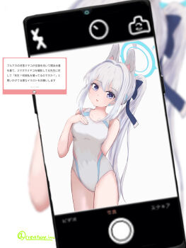 1girl absurdres animal_ear_hairband animal_ears blue_archive breasts cellphone commentary_request competition_swimsuit fake_animal_ears fake_phone_screenshot fake_screenshot grey_hair hairband highres long_hair miyako_(blue_archive) nekojita_kavu one-piece_swimsuit phone ponytail purple_hair rabbit_ear_hairband rabbit_ears request_inset small_breasts smartphone solo standing swimsuit taking_picture translation_request white_one-piece_swimsuit
