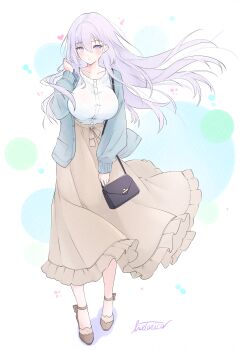 1girl absurdres adversarial_noise alternate_costume alternate_hairstyle azur_lane bag black_bag blue_eyes blush breasts brown_shoes brown_skirt buttons casual collarbone commentary_request frilled_skirt frills full_body hair_between_eyes hair_lift hand_up handbag high_heels highres jacket large_breasts livetarica long_hair long_skirt long_sleeves looking_at_viewer open_clothes open_jacket polka_dot polka_dot_background purple_eyes purple_hair purple_jacket rodney_(azur_lane) shirt shoes signature simple_background skirt smile solo standing very_long_hair white_background white_shirt