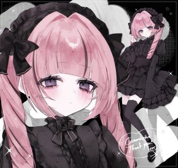 Rule 34 | 0zz uu, 1girl, absurdres, black dress, black hairband, bonnet, bow, commission, dress, drill hair, frilled hairband, frilled sleeves, frills, goth fashion, gothic lolita, hairband, hashtag-only commentary, highres, lolita fashion, lolita hairband, long hair, original, pink hair, ribbon, skeb commission, twin drills