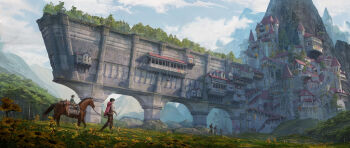 2boys absurdres blue_sky brick_wall bridge building castle cloud cloudy_sky commentary fantasy felixriano field flock flower forest from_side grass highres horse horseback_riding landscape medieval mountain mountainous_horizon multiple_boys nature original painterly pillar riding rock scenery sky sunflower tower tree