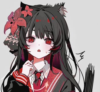 1girl ^^^ animal_ears black_hair black_shirt cat_ears cat_girl cat_tail collared_shirt commentary flower grey_background hair_flower hair_ornament hand_up highres kemonomimi_mode long_hair long_sleeves looking_at_viewer mahou_shoujo_no_majo_saiban necktie nikaido_hiro open_mouth red_eyes red_flower red_necktie shirt smzchika solo surprised sweatdrop symbol-only_commentary tail triangle_mouth upper_body