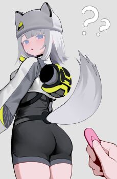 Rule 34 | 1girl, 1other, :o, ?, ??, absurdres, ambiguous gender, animal ear headwear, animal ears, animal hat, arknights, arknights: endfield, ass, bandaid, bandaid on cheek, bandaid on face, black bodysuit, blue eyes, bodysuit, cat ears, cat girl, cat hat, cat tail, commentary, controller, cowboy shot, estella (arknights), expressionless, fake animal ears, grey background, grey hair, grey hat, hat, hat with ears, hei tudou, highres, holding, holding controller, holding remote control, long hair, long sleeves, looking at viewer, out of frame, remote control, remote control vibrator, sex toy, simple background, solo focus, tail, vibrator, wireless sex toy controller