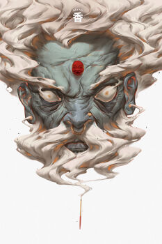 1boy bindi blurry_eyes character_name colored_skin face_piercing genie grey_skin highres incense male_focus nose_piercing nose_ring old old_man original patrick_ganas piercing portrait simple_background solo white_background white_hair