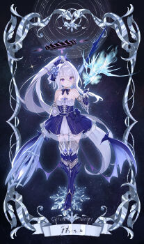 1girl absurdres alternate_costume alternate_hairstyle bare_shoulders black_halo blue_archive boots breasts character_name collarbone commentary_request cosplay costume_request demon_girl demon_horns demon_wings detached_sleeves dress elbow_gloves flower full_body gloves hair_between_eyes hair_flower hair_ornament hair_ribbon halo highres hina_(blue_archive) holding holding_polearm holding_weapon horns ice ice_crystal long_hair looking_at_viewer monster_hunter:_world monster_hunter_(character) monster_hunter_(character)_(cosplay) monster_hunter_(series) monster_hunter_world:_iceborne multicolored_halo parted_lips polearm ponytail purple_eyes ribbon short_sleeves sidelocks small_breasts solo standing strapless strapless_dress thigh_boots thighhighs two-tone_halo weapon wings xgao zettai_ryouiki