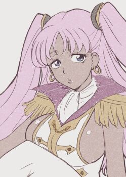 1girl blue_eyes breasts catherine_sabathra code_geass code_geass:_dakkan_no_roze dark-skinned_female dark_skin earrings highres hoop_earrings jewelry large_breasts leotard lips long_hair looking_at_viewer pink_hair sideboob twintails very_long_hair