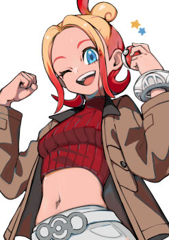 1girl ;d absurdres belt blonde_hair blue_eyes breasts brown_jacket cropped_sweater eudetenis hands_up highres holding holding_poke_ball jacket medium_breasts midriff nintendo one_eye_closed open_mouth poke_ball poke_ball_(basic) pokemon pokemon_legends:_z-a red_hair simple_background smile solo stomach sweater taunie_(pokemon) upper_body white_background