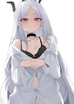 Rule 34 | 1girl, absurdres, black bra, black choker, black horns, blue archive, blush, bra, choker, collarbone, commentary, highres, hina (blue archive), horns, k2 (jack lin), long hair, own hands clasped, own hands together, purple eyes, shirt, simple background, single horn, underwear, unfinished, white background, white hair, white shirt