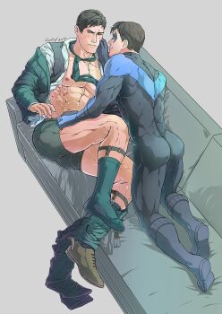 2boys abs artist_name ass bara bare_pectorals batman_(series) black_bodysuit black_hair black_jacket black_male_underwear black_vest blue_bodysuit blush bodysuit boxer_briefs bruce_wayne closed_mouth couch dc_comics dick_grayson domino_mask evinist eye_mask father_and_son hand_on_another's_face highres incest jacket large_pectorals legwear_garter looking_at_another lying male_focus male_underwear mask multicolored_bodysuit multiple_boys muscular muscular_male navel necktie nightwing no_pants on_back on_couch open_clothes open_jacket open_shirt open_vest pectorals shirt short_hair smile taut_bodysuit taut_clothes thick_thighs thighs two-tone_bodysuit underwear vest white_shirt yaoi