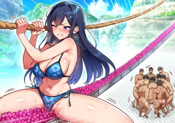 2girls 6+boys amamiya_chihiro bikini black_hair blue_bikini blue_eyes blush breasts cameltoe censored clenched_teeth crowd cum cum_in_pussy floral_print floral_print_bikini gangbang group_sex hair_ornament hairclip hechima_koubou highres large_breasts long_hair mesu_game_~tsukamareba_soku_nakadashi!_100_hyaku_oku-en_to_chijoku_o_kaketa_survival~ mosaic_censoring mountainous_horizon multiple_boys multiple_girls nature one_eye_closed outdoors penis print_bikini pussy_juice rope_walking running shiny_skin side-tie_bikini_bottom sweat swimsuit teeth vaginal waiting