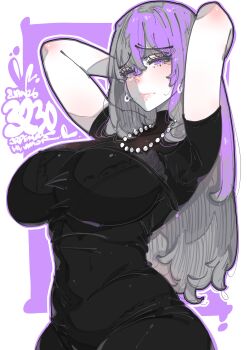 1girl absurdres arms_behind_head artist_name black_dress border breasts closed_mouth commentary cowboy_shot double-parted_bangs dress english_commentary grey_hair hair_between_eyes highres jrpencil large_breasts long_hair looking_at_viewer multicolored_hair original outside_border purple_background purple_eyes purple_hair raised_inner_eyebrows short_sleeves solo straight_hair taut_clothes taut_dress two-tone_hair white_border