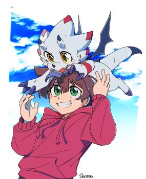 Rule 34 | 1boy, amanogawa kirara, brown hair, cloud, cloudy sky, commentary, creature on head, deviidog0, digimon, digimon (creature), digimon ghost game, english commentary, gammamon, green eyes, grin, hands up, highres, hood, hoodie, male focus, outdoors, red hoodie, short hair, sky, smile, upper body