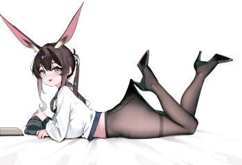 1girl 1other absurdres amiya_(arknights) animal_ear_fluff animal_ears arknights black_shoes book breasts brown_hair brown_pantyhose chinese_commentary commentary_request deformed doctor_(arknights) full_body hair_between_eyes high_heels highres lace_pantyhose_hooked_on_heel_(meme) large_breasts legs legs_up long_sidelocks long_sleeves looking_at_viewer lying meme no_pants on_stomach open_mouth pantyhose rabbit_ears rabbit_girl shenmi_de_xigua shirt shoes sidelocks simple_background thighs white_background white_shirt