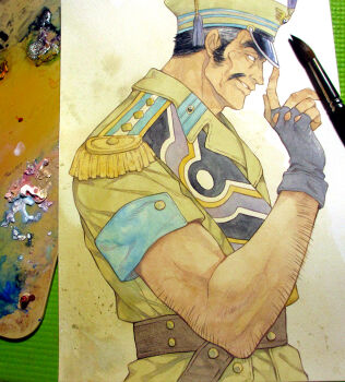 1boy agahari arm_hair art_brush art_tools_in_frame belt black_gloves black_hair brown_belt commentary_request epaulettes facial_hair fingerless_gloves from_side gashizakino gloves green_hat green_jacket hand_up hat jacket lapels male_focus mature_male military military_uniform muscular muscular_male mustache paintbrush painting_(medium) parted_lips peaked_cap photo_(medium) short_hair short_sleeves smirk solo tassel traditional_media upper_body velldeselba_senki