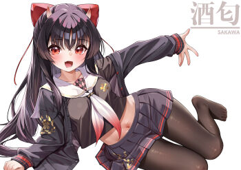 1girl absurdres azur_lane black_cardigan black_hair black_pantyhose black_serafuku cardigan character_name fang full_body hair_ribbon highres hime_cut long_hair looking_at_viewer lying marimo_daifuku navel neckerchief no_shoes on_side pantyhose pleated_skirt ribbon sakawa_(azur_lane) sakura_empire_(emblem) school_uniform serafuku skin_fang skirt solo two-tone_neckerchief white_background