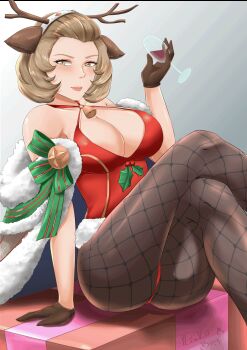 1girl alcohol animal_costume animal_ears animated animated_gif antlers artist_name ass bare_shoulders bell blinking blush border box breasts brooch brown_gloves brown_hair cape christmas cleavage crossed_legs cup deer_antlers deer_ears drinking_glass eyeliner eyeshadow fake_animal_ears fake_antlers female_focus fire_emblem fire_emblem:_three_houses fire_emblem_heroes fishnet_pantyhose fishnets fur-trimmed_cape fur_cape fur_trim gift glass gloves grey_background heart highres holding holding_cup horns huge_ass intelligent_systems jewelry large_breasts leotard lips lipstick looking_at_viewer makeup manuela_casagranda matching_hair/eyes mistletoe neck_bell nintendo o-ring one_eye_closed pantyhose pink_eyeshadow pink_lips red_leotard reindeer_antlers reindeer_costume rinku_bny shiny_clothes shiny_skin short_hair sitting solo thick_thighs thighs transparent_border wine wine_glass wink