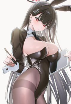 1girl ai-assisted alternate_costume animal_ear_hairband animal_ears black_hair black_leotard black_necktie black_shrug blue_archive breasts brown_pantyhose colored_inner_hair commentary fake_animal_ears grey_hair hairband halo highleg highleg_leotard highres holding holding_stylus holding_tablet_pc large_breasts leotard long_hair long_sleeves looking_at_viewer multicolored_hair necktie pantyhose playboy_bunny poki_(j0ch3fvj6nd) rabbit_ear_hairband rabbit_ears red_eyes red_halo rio_(blue_archive) shrug_(clothing) simple_background solo strapless strapless_leotard stylus tablet_pc very_long_hair white_background