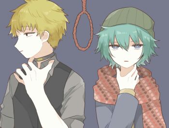 2boys aqua_eyes aqua_hair asphyxiation bags_under_eyes beanie black_vest blonde_hair blue_jacket casual choker closed_mouth collar collared_shirt empty_eyes expressionless facing_viewer formal_clothes from_side green_hat grey_background grey_eyes grey_shirt hair_between_eyes half-closed_eyes hand_around_neck hand_on_own_neck hand_up hat highres hiyori_sou jacket jitome kimi_ga_shine long_sleeves looking_at_viewer looking_to_the_side male_focus multiple_boys noose open_clothes open_jacket parted_lips photoshop_(medium) pink_scarf polka_dot polka_dot_scarf purple_jacket red_scarf rope sanpaku scarf shinogi_keiji shirt short_hair short_sleeves simple_background sleeves_pushed_up sleeves_rolled_up strangling suit unmoving_pattern upper_body vest waistcoat wing_collar yellow_shirt