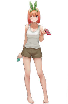 1girl absurdres barefoot blue_eyes blush breasts brown_shorts cleavage collarbone controller double-parted_bangs feet full_body game_controller go-toubun_no_hanayome green_ribbon hair_between_eyes hair_ribbon highres holding holding_controller holding_game_controller ishiyuki large_breasts looking_at_viewer medium_hair nakano_yotsuba one_eye_closed orange_hair revision ribbon short_shorts shorts simple_background sleeveless solo standing tank_top toes white_background white_tank_top