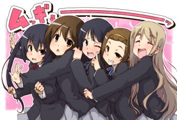 5girls akiyama_mio black_eyes black_hair blonde_hair brown_eyes brown_hair closed_eyes hirasawa_yui ho-kago_tea_time k-on! kotobuki_tsumugi long_hair mukyuu multiple_girls nakano_azusa one_eye_closed paprika_(artist) queue salute school_uniform short_hair tainaka_ritsu thick_eyebrows twintails vulcan_salute wink