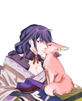 Rule 34 | 1girl, animal ear piercing, blue pupils, blunt bangs, book, braid, breasts, bridal gauntlets, cleavage, closed mouth, couple, eyeliner, fox, fox girl, from side, genshin impact, highres, japanese clothes, kimono, large breasts, licking, long hair, makeup, multicolored eyes, off shoulder, purple kimono, purple nails, raiden shogun, red eyeliner, red sash, salt66666, sash, sitting, surprised, table, upper body, white background, wide-eyed, yae miko, yae miko (fox), yuri