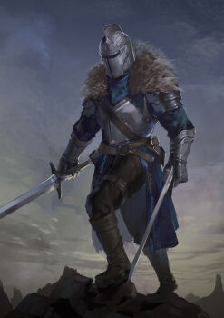 1other ambiguous_gender armor armored_boots bearer_of_the_curse black_pants blue_shirt boots breastplate chinese_commentary commentary_request dark_souls_(series) dark_souls_ii day dual_wielding full_body fur_collar gauntlets grey_sky helm helmet highres holding holding_sword holding_weapon knight other_focus outdoors overcast pants shirt sky solo standing sword tigari weapon