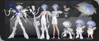 1girl absurdres bandaged_arm bandages barefoot blue_eyes blue_hair bodysuit boots commentary dress full_body gloves gun highres holding holding_gun holding_weapon looking_at_viewer multiple_views noco_(pixiv14976070) original pointy_ears short_dress short_hair single_glove sleeveless sleeveless_bodysuit sleeveless_dress standing weapon white_bodysuit white_boots white_dress white_gloves white_hair white_wings wings