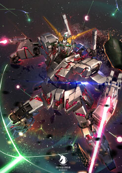 absurdres arm_mounted_weapon artist_name asteroid character_name commentary energy_sword explosion full_body funnels_(gundam) glowing glowing_eyes green_eyes gundam gundam_unicorn highres lens_flare mecha mecha_focus mf_draws mobile_suit no_humans nt-d robot science_fiction solo space sparks star_(sky) sword unicorn_gundam v-fin weapon