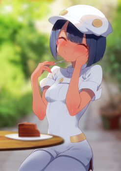 1girl :t absurdres aether_foundation_employee aether_foundation_employee_(female) black_hair blurry blush buttons cake closed_eyes closed_mouth commentary_request dark_skin day eating eyelashes food fork hands_up happy hat highres holding holding_fork invisible_chair momihige nintendo outdoors overalls pantyhose plant plate pokemon pokemon_sm potted_plant short_hair short_sleeves sitting smile solo table white_hat white_overalls