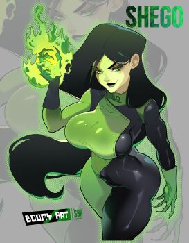 1girl absurdres artist_name asymmetrical_gloves black_bodysuit black_gloves black_hair bodysuit boomyart breasts colored_skin fire gloves green_bodysuit green_eyes green_fire green_gloves green_skin highres kim_possible_(series) large_breasts long_hair looking_at_viewer mismatched_gloves multicolored_bodysuit shego solo two-tone_bodysuit zoom_layer