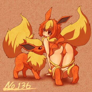 1girl :d all_fours animal_ears ass creature_and_personification flareon gen_1_pokemon kuromiya moemon multicolored_hair nintendo open_mouth orange_hair personification pokedex_number pokemon pokemon_(creature) pokemon_tail smile tail