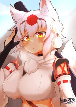 1girl absurdres animal_ear_fluff animal_ears between_breasts black_gloves blush breasts closed_mouth commentary_request dated detached_sleeves elbow_gloves gloves hat highres inubashiri_momiji large_breasts looking_at_viewer orange_eyes otomen_maru-no-uchi partially_fingerless_gloves pom_pom_(clothes) red_hat ribbon-trimmed_sleeves ribbon_trim shirt short_hair signature sleeveless sleeveless_shirt solo strap_between_breasts tokin_hat touhou turtleneck turtleneck_shirt upper_body white_hair white_shirt white_sleeves wolf_ears wolf_girl