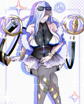 Rule 34 | 1girl, alternate costume, bare shoulders, black leotard, blue lips, bracelet, breasts, can, crossed legs, drink can, earrings, eyeliner, eyewear on head, fate/grand order, fate (series), fur shawl, grey thighhighs, hair over one eye, hoop earrings, jewelry, large breasts, leotard, licking lips, long hair, looking at viewer, makeup, miniskirt, mrs. snake (fate), satou nui, shaded face, shawl, skirt, smile, sunglasses, thighhighs, thighlet, thighs, tongue, tongue out, white hair, white skirt, yellow eyes