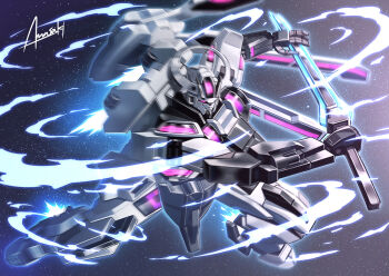 amasaki_yusuke artist_name dust flying gundam gundam_schwarzette gundam_suisei_no_majo holding holding_sword holding_weapon horns mecha mobile_suit motion_blur no_humans pink_eyes robot science_fiction solo space sword weapon
