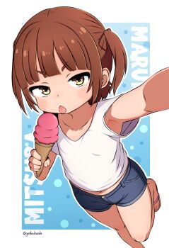 1girl absurdres armpit_peek artist_name blue_background blush border brown_eyes brown_hair character_name collarbone denim denim_shorts dotted_background flip-flops food genkouhande gradient_background highres holding holding_ice_cream_cone ice_cream ice_cream_cone looking_at_viewer marui_mitsuba mitsudomoe_(manga) navel outline sandals selfie shirt short_hair short_sleeves shorts solo standing standing_on_one_leg tongue tongue_out v-shaped_eyebrows white_border white_outline white_shirt