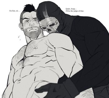 2boys abs bara blush bonjourdraws call_of_duty call_of_duty:_modern_warfare_2 chest_hair closed_mouth couple english_text facial_hair ghost_(modern_warfare_2) gloves greyscale highres large_pectorals male_focus mask monochrome multiple_boys muscular muscular_male navel pectorals shirt short_hair skull_mask soap_(modern_warfare_2) upper_body yaoi