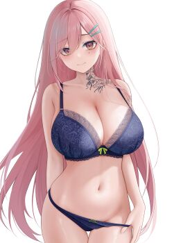 Rule 34 | 1girl, absurdres, blue bra, blue panties, bra, breasts, character request, codename696, copyright notice, copyright request, hair ornament, hairclip, highres, large breasts, long hair, looking at viewer, navel, panties, pulling own clothes, simple background, solo, stomach, underwear, underwear only, white background