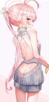 Rule 34 | 1girl, a1u, absurdres, ahoge, back, backless outfit, blue archive, butt crack, commentary, earrings, grey sweater, halo, highres, hoshino (blue archive), jewelry, long hair, looking at viewer, looking back, open mouth, orange eyes, pink hair, pink halo, ponytail, revision, ribbed sweater, solo, sweater, very long hair, virgin killer sweater
