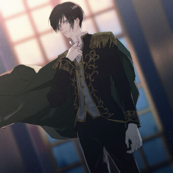 1boy black_hair cape closed_mouth collar eyelashes floating_cape floating_clothes harry_potter_(series) kurosujuu male_focus regulus_black short_hair solo standing window wizarding_world