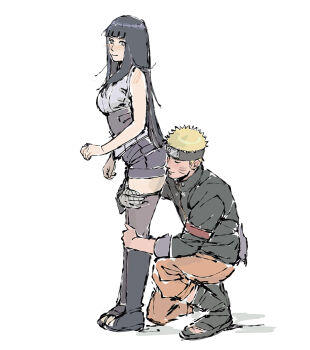 1boy 1girl beerenfuchs black_boots black_hair black_headband blonde_hair boots breasts closed_eyes commentary facial_mark forehead_protector grey_thighhighs hashtag-only_commentary headband hetero highres hugging_another&#039;s_leg hyuuga_hinata knee_boots large_breasts leaning_forward long_hair naruto:_the_last naruto_(series) pink_eyes short_shorts shorts squatting thighhighs uzumaki_naruto whisker_markings