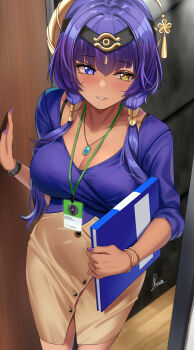 1girl alternate_costume binder blue_eyes blue_hair blue_shirt blush bracelet breasts brown_skirt candace_(genshin_impact) cleavage commentary dark-skinned_female dark_skin english_commentary genshin_impact hair_ornament heterochromia highres id_card jewelry lanyard large_breasts long_hair long_sleeves nail_polish name_tag necklace parted_lips piukute062 purple_nails shirt shirt_tucked_in signature skirt smile solo watch wristwatch yellow_eyes