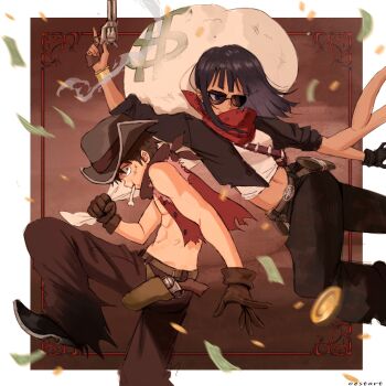 1boy 1girl abs banknote black_hair black_pants blunt_bangs brown_gloves coin commentary cowboy_hat crop_top cropped_jacket english_commentary extra_arms food_in_mouth gloves gun hat highres holding holding_gun holding_sack holding_weapon large_hat looking_at_viewer looking_to_the_side medium_hair money monkey_d._luffy nico_robin oestart one_piece pants pointy_shoes profile ringed_eyes robbery sack scar scar_on_face shoes sunglasses torn_clothes weapon