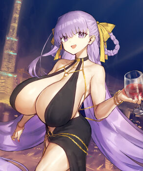 1girl alcohol bare_shoulders bb_(fate) bb_dubai_(fate) belly_chain black_dress blush bracelet braid braided_hair_rings breasts cleavage commentary_request cup dress drinking_glass fate/grand_order fate_(series) hair_ribbon hair_rings huge_breasts jewelry long_hair looking_at_viewer melon22 necklace open_mouth plunging_neckline purple_eyes purple_hair ribbon side_slit smile solo thighs twin_braids very_long_hair wine wine_glass yellow_ribbon